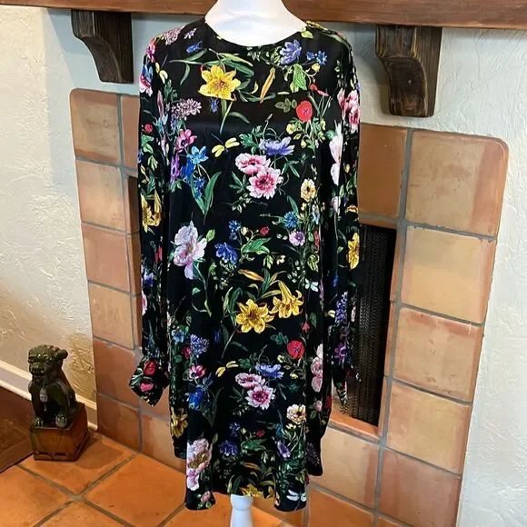 H & M Black Viscose Floral Long Sleeve Dress, size 14! - Picture 1 of 11